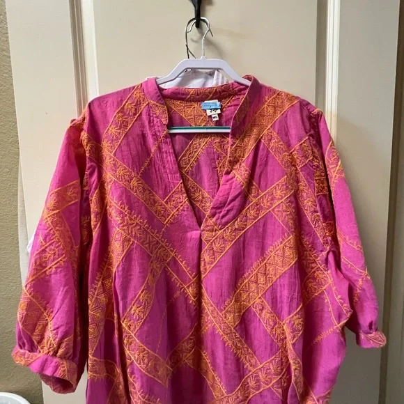 Beautiful vibrant pink blouse w/ orange embroidery. Fits more like an ***XL***. - Picture 3 of 3
